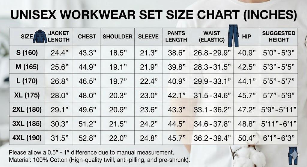 Unisex workwear size chart S–4XL in inches.
