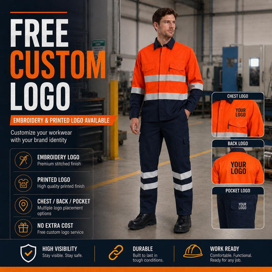 Orange/navy high-visibility long-sleeve uniform with reflective bands.