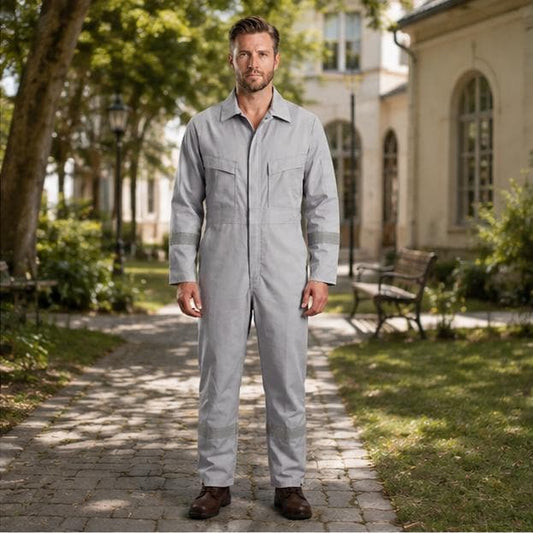 Light-gray reflective coverall full front view.