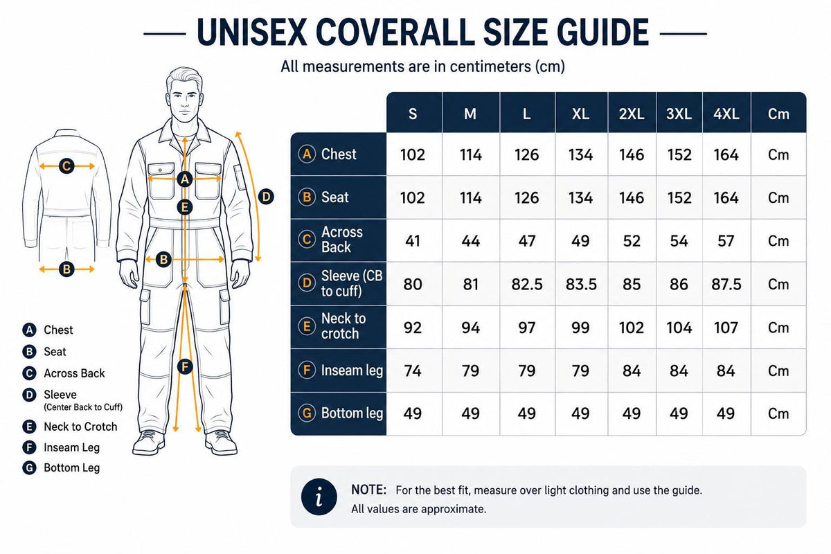 Unisex coverall size chart S–4XL with measurement diagram.