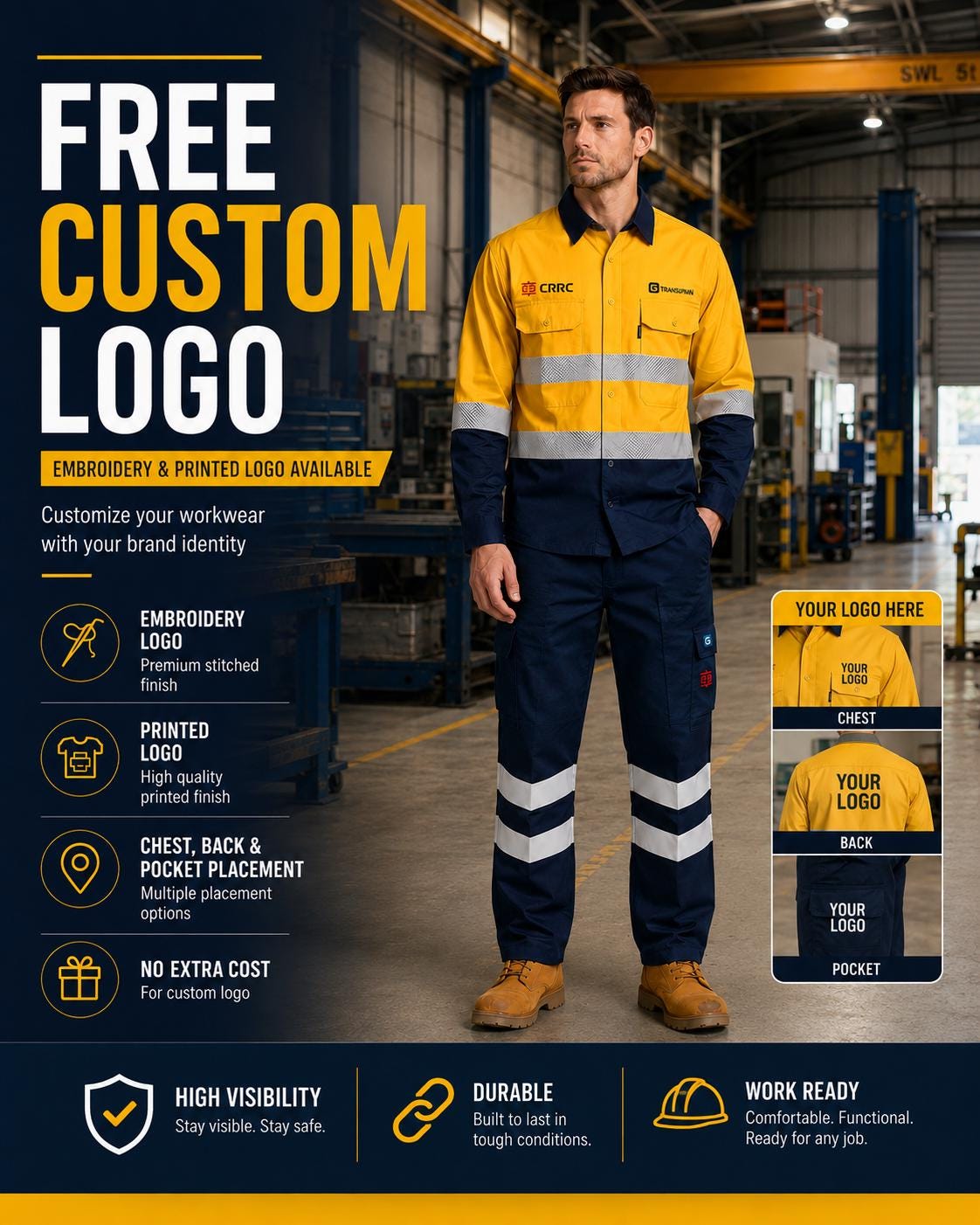 Custom yellow and navy reflective workwear set