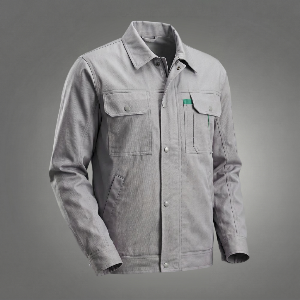 Gray button-front work jacket with chest and side pockets