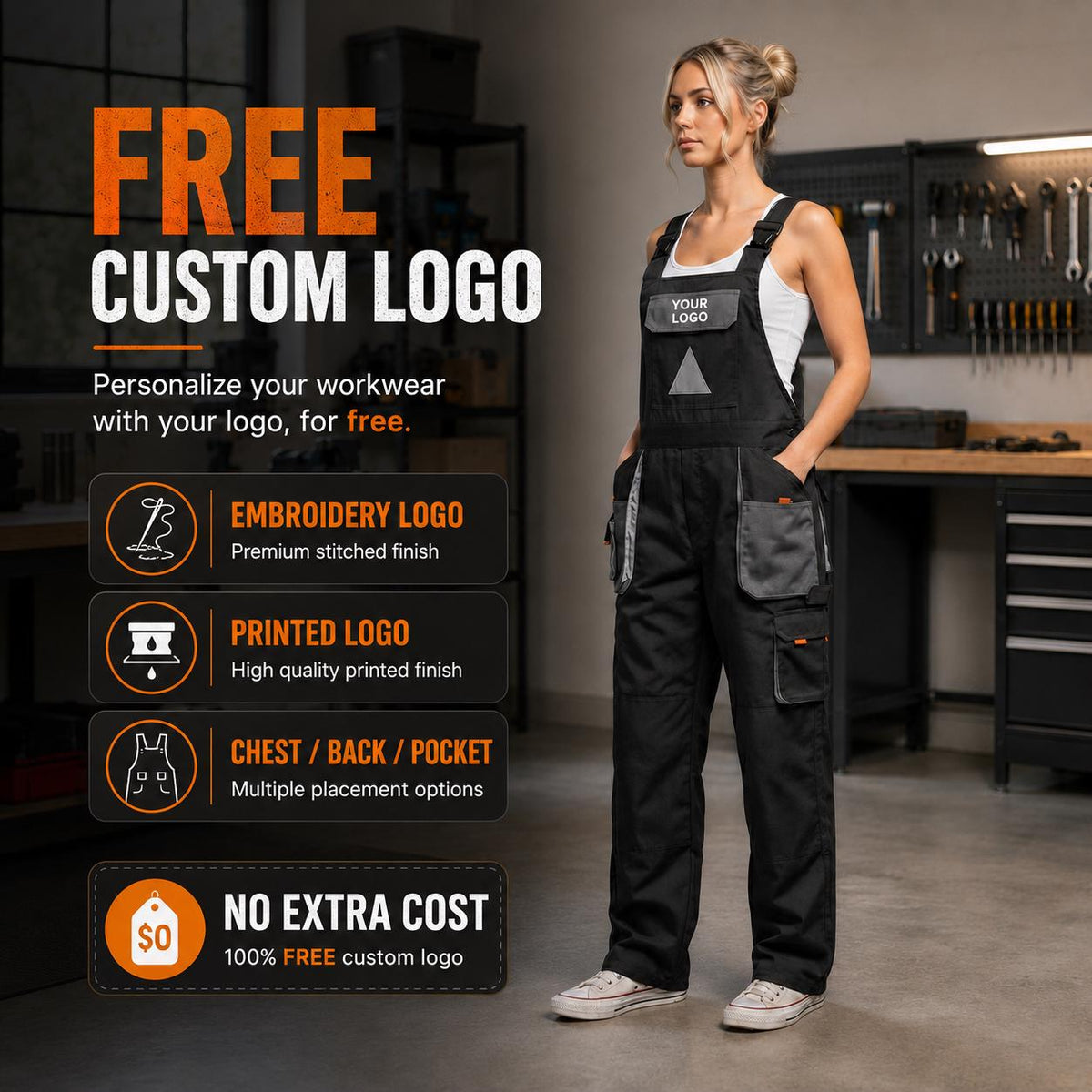 Black custom-logo bib overalls feature graphic.