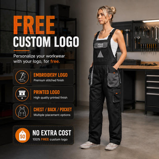 Black custom-logo bib overalls feature graphic.