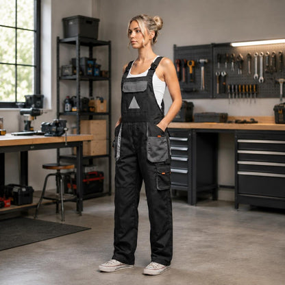 Black bib overalls front view with gray utility pockets.