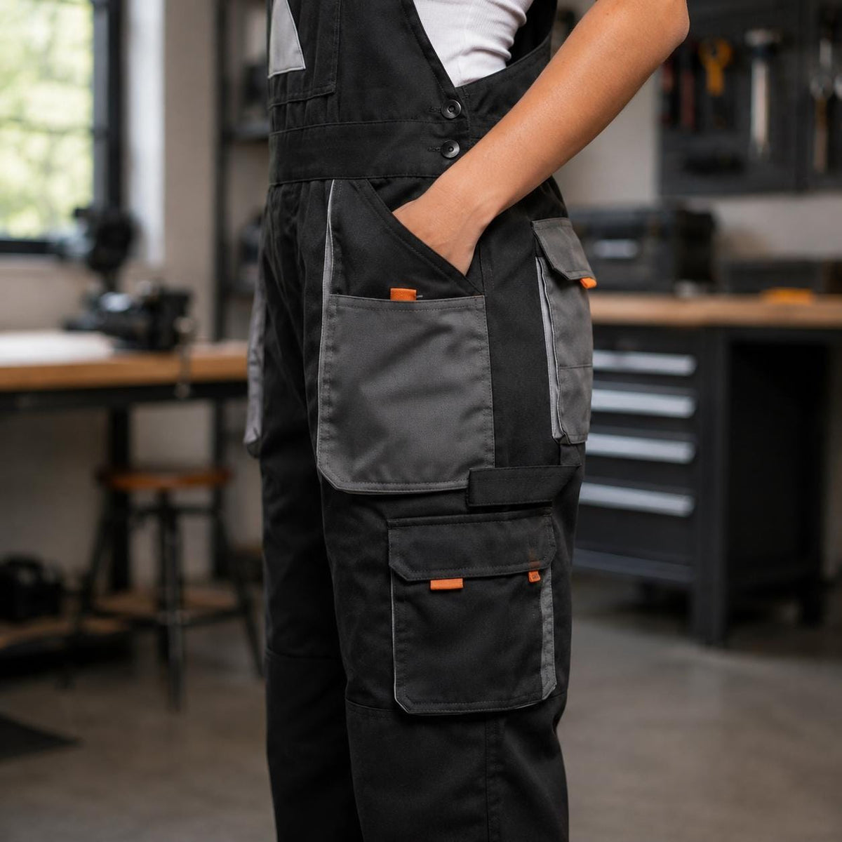 Side utility pockets and orange accent tabs.