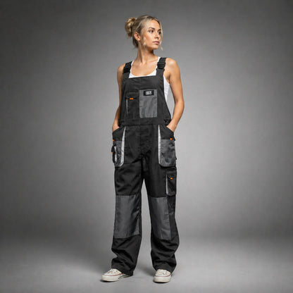 Black bib overalls with reinforced knees and example logo.
