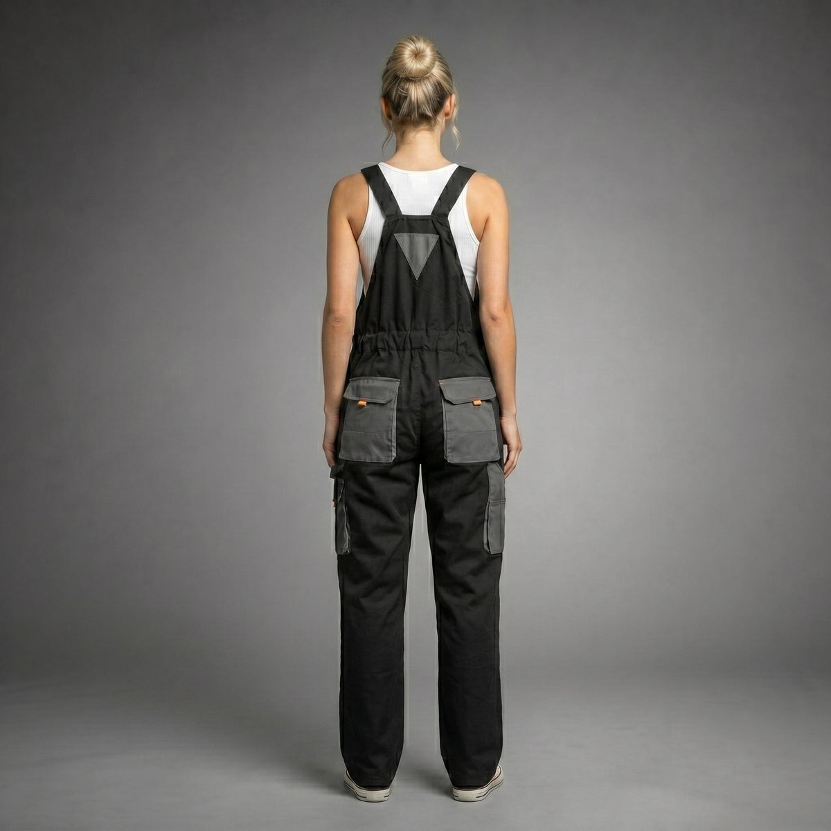 Rear high-back design and gray utility pockets.