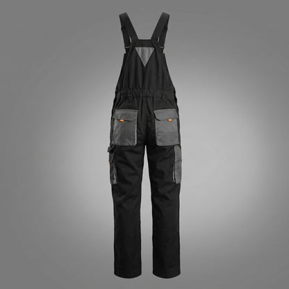 Front and rear detail view of adjustable work overalls.