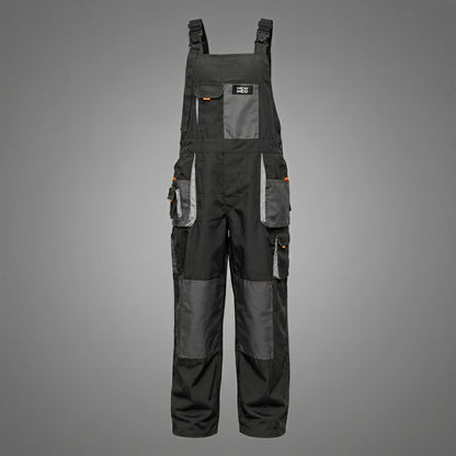 Black overalls with knee panels, pockets, and orange details.