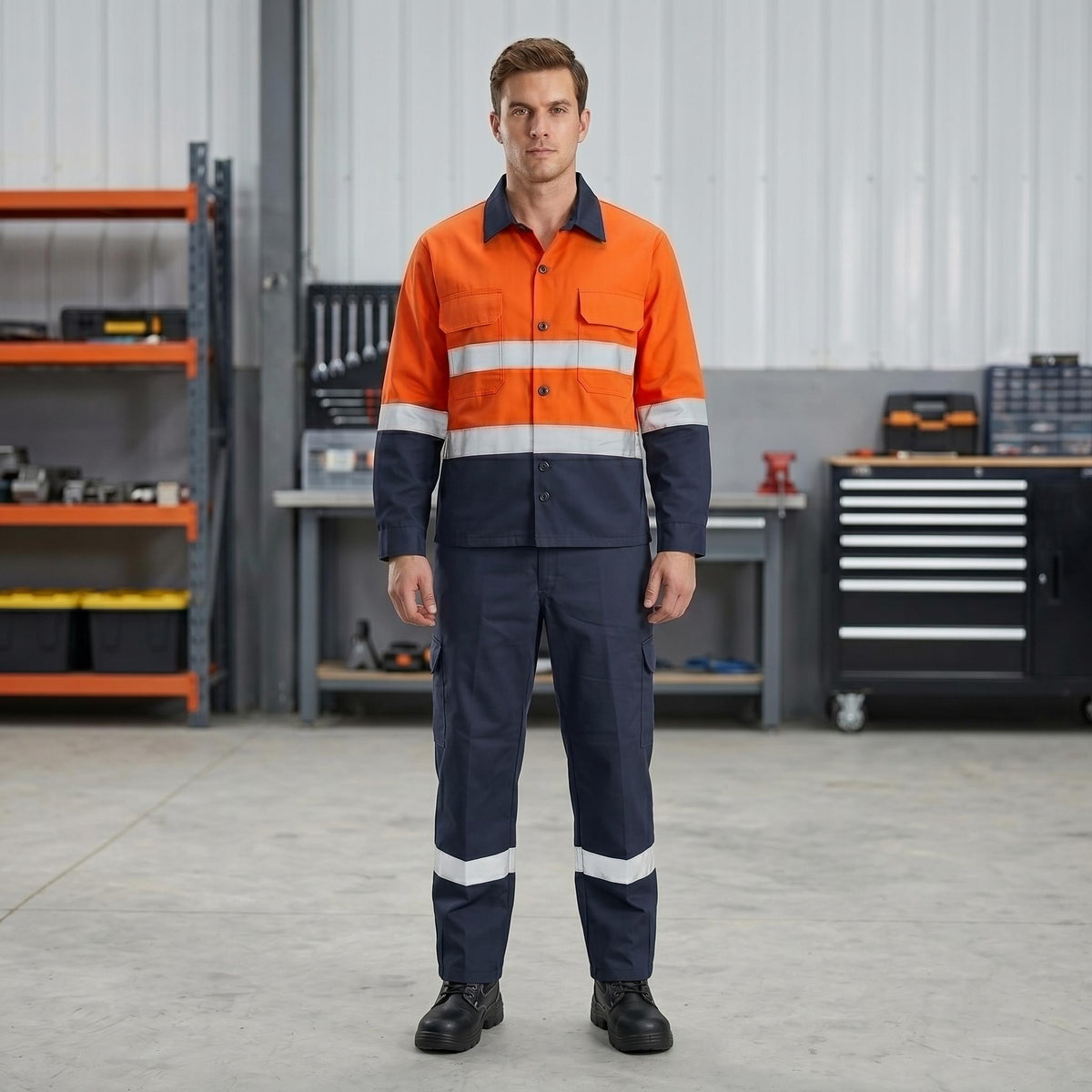 Orange/navy reflective workwear uniform, full view.