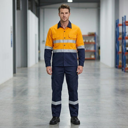 Orange/navy shirt and trousers with reflective tape.