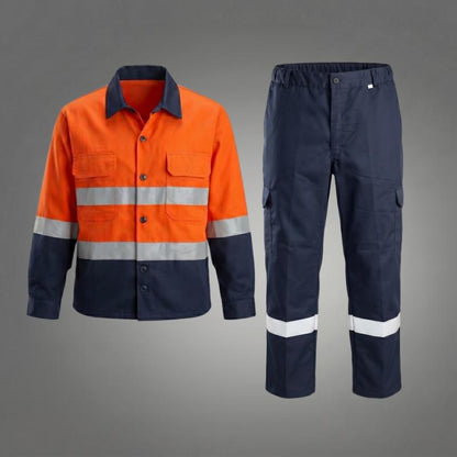 Orange/navy uniform showing shirt pockets and reflective bands.