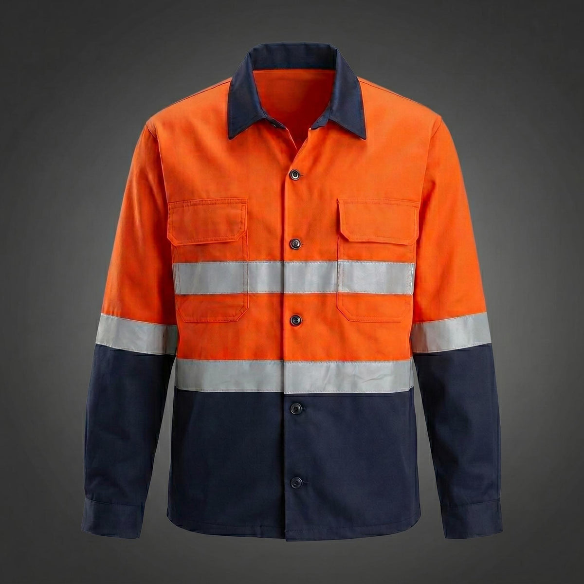 Orange/navy long-sleeve work shirt front view.
