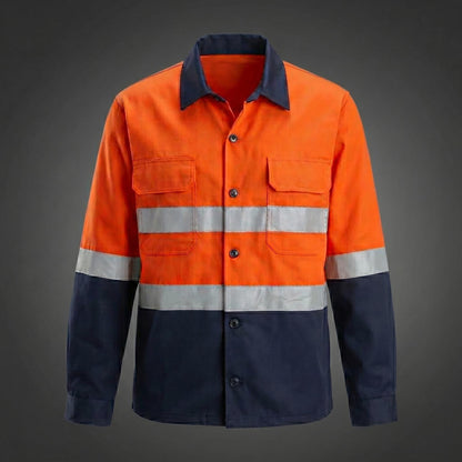 Orange/navy long-sleeve work shirt front view.