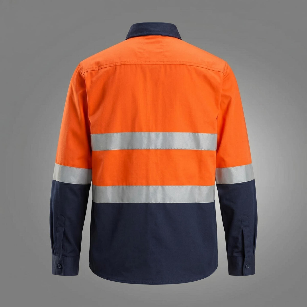 Orange/navy shirt with reflective torso and sleeve bands.