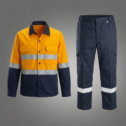 Yellow/navy two-piece reflective work uniform.