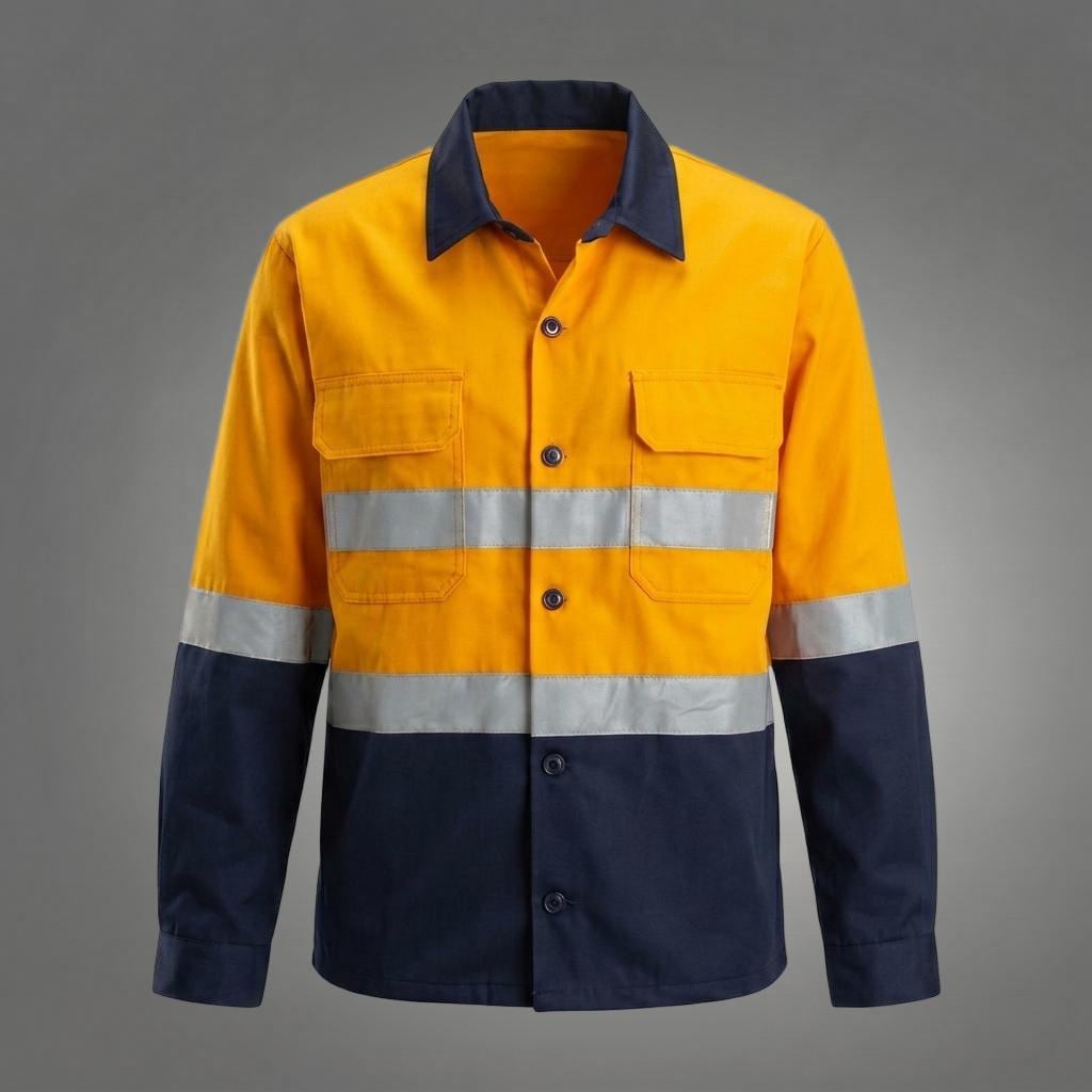 Yellow/navy button-up work shirt front view.