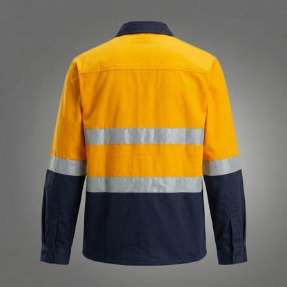 Yellow/navy shirt with reflective bands and dark collar.