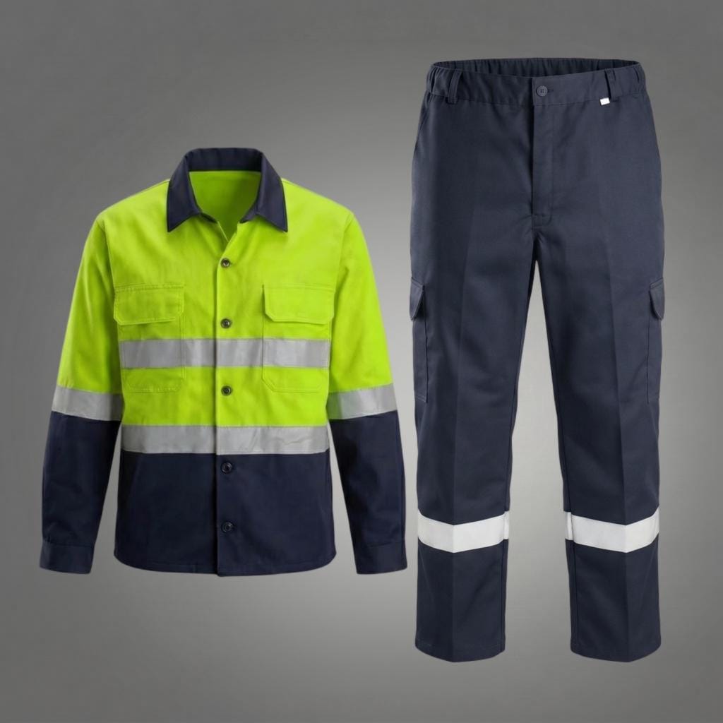 Neon yellow/navy shirt and navy reflective trousers.