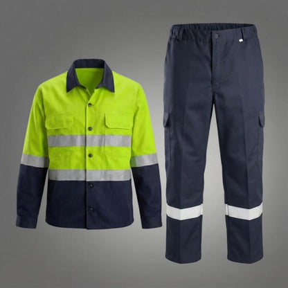 Neon yellow/navy shirt and navy reflective trousers.