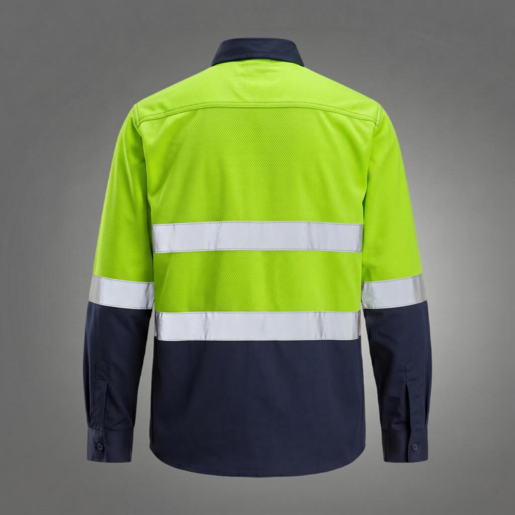 Neon yellow/navy shirt with double reflective stripes.