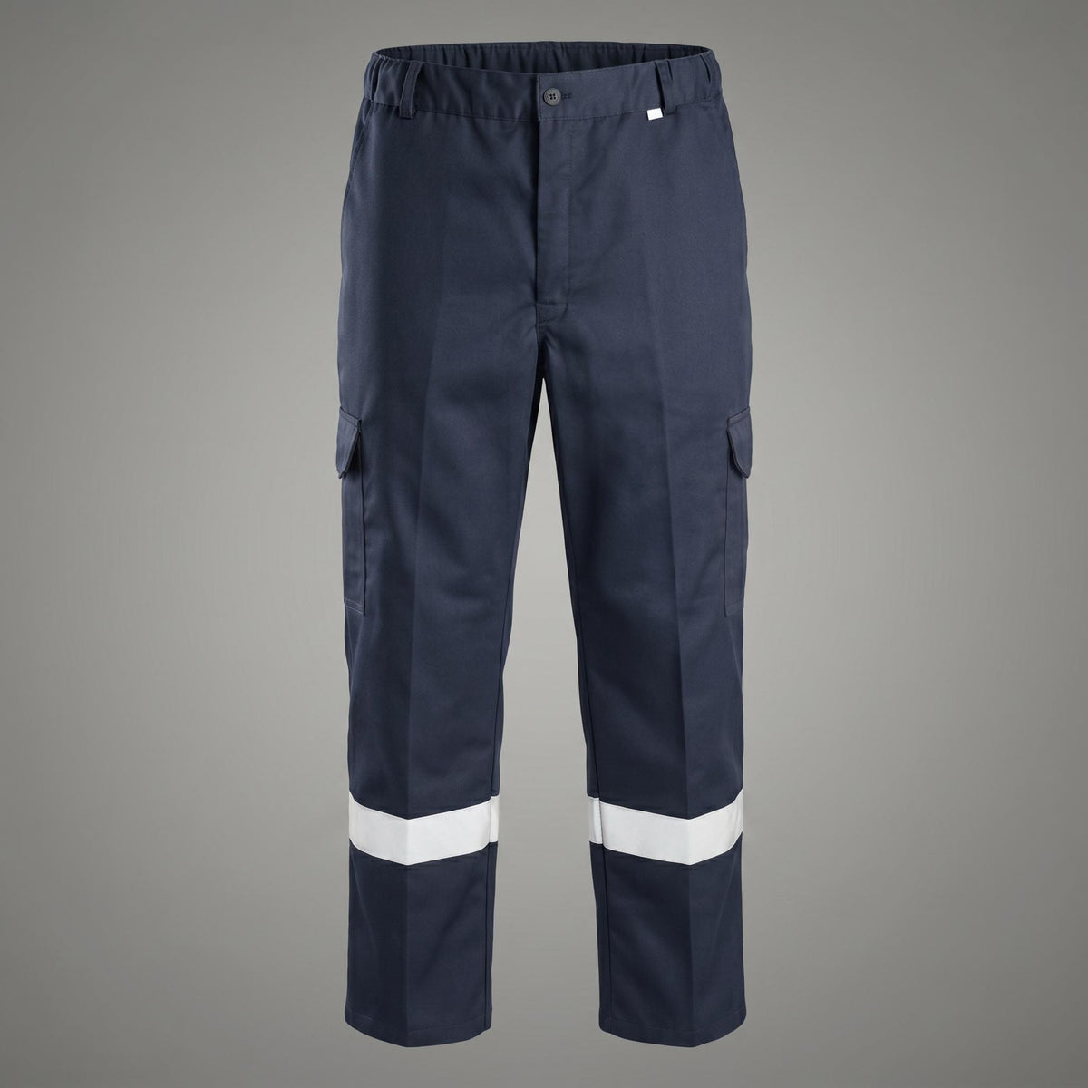 Navy cargo pants with reflective lower-leg bands.