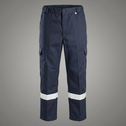 Navy cargo pants with reflective lower-leg bands.