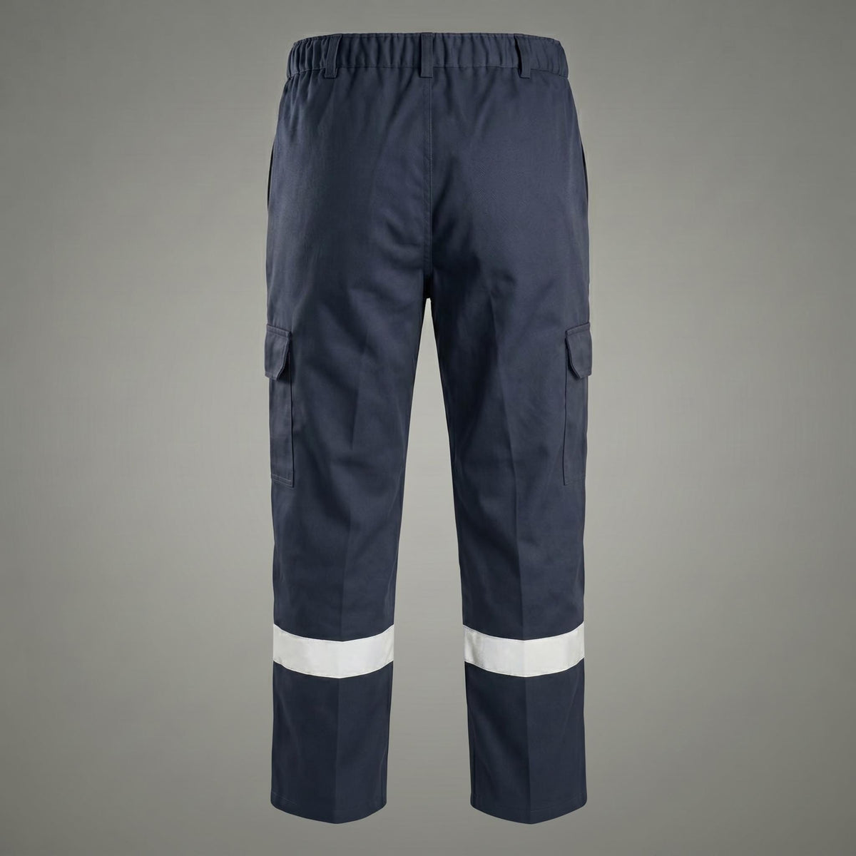 Navy work trousers with elastic waist and cargo pockets.