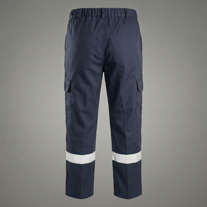 Navy work trousers with elastic waist and cargo pockets.