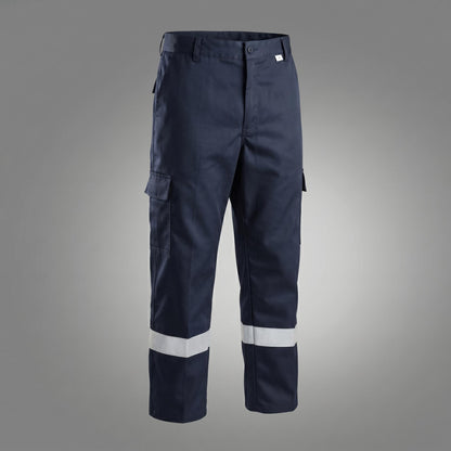 Navy cargo trousers front view with reflective leg bands.