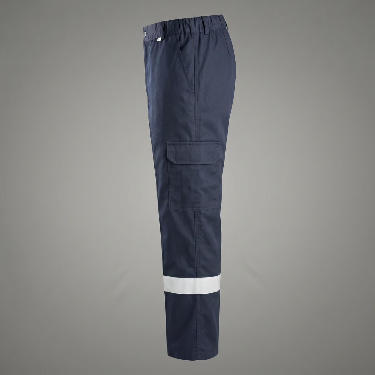 Side view of navy cargo pocket and reflective leg band.