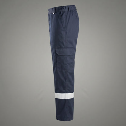 Side view of navy cargo pocket and reflective leg band.