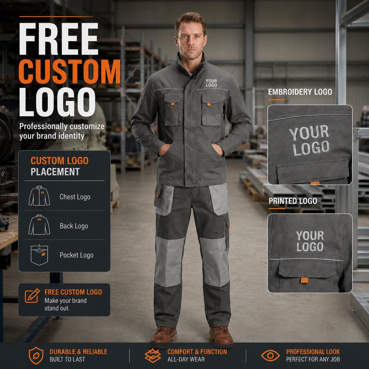 Gray custom-logo jacket and cargo trousers set feature graphic.