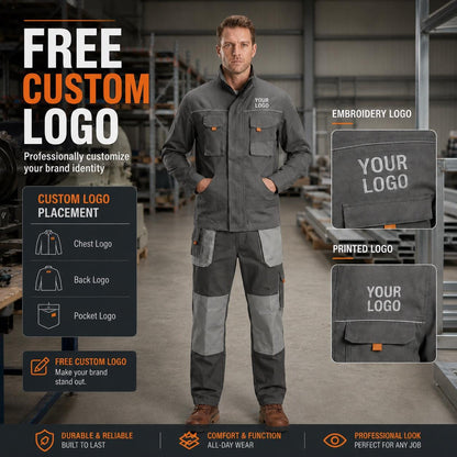 Gray custom-logo jacket and cargo trousers set feature graphic.