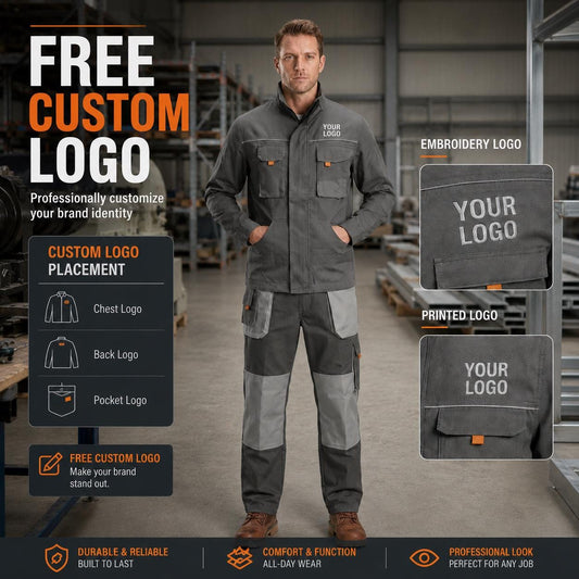 Gray custom-logo jacket and cargo trousers set feature graphic.