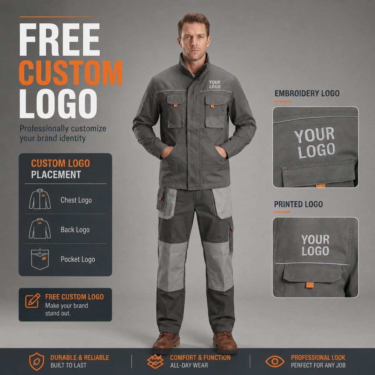 Dark-gray work uniform with contrast panels and custom-logo callout.