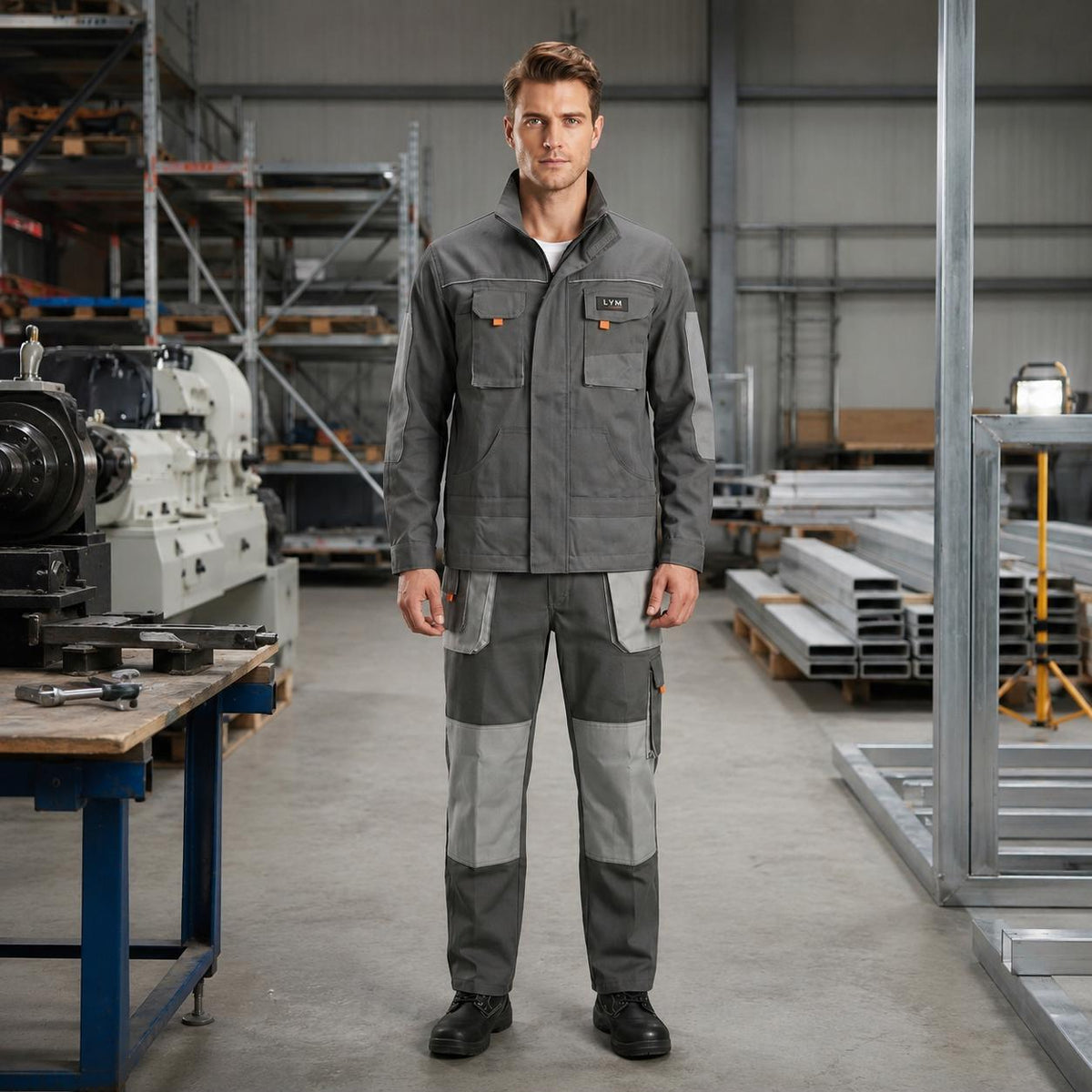 Gray jacket and cargo trousers with reinforced contrast panels.