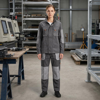 Gray zip jacket and cargo pants with light-gray accents.