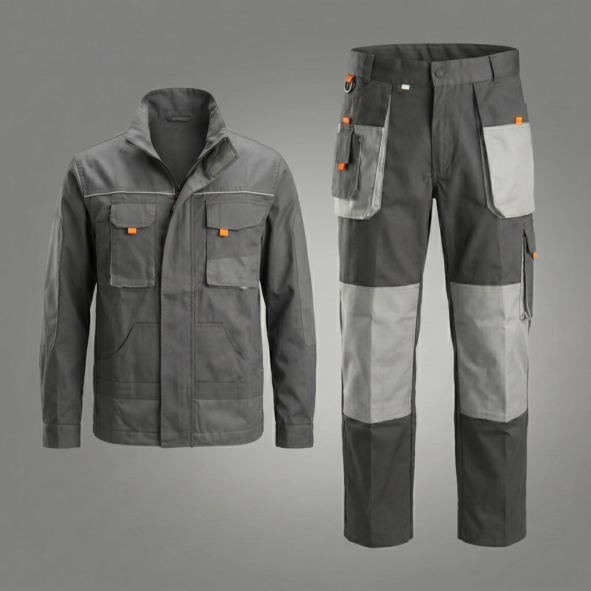 Gray industrial jacket and trousers set with orange details.