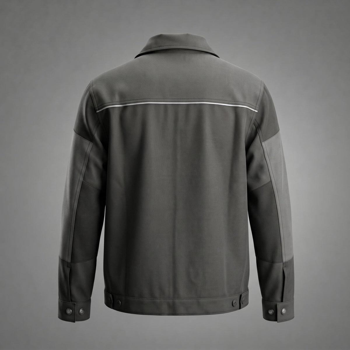 Back view of charcoal work jacket with reflective stripe.