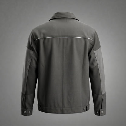 Back view of charcoal work jacket with reflective stripe.