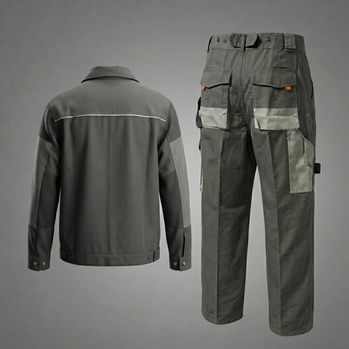 Back view of gray jacket and multi-pocket trousers.