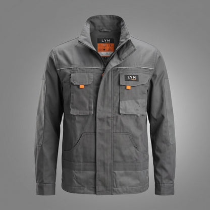 Gray jacket chest pockets, zipper, and example embroidered logo.
