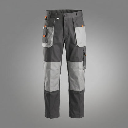Gray cargo trousers with contrast knee and pocket panels.