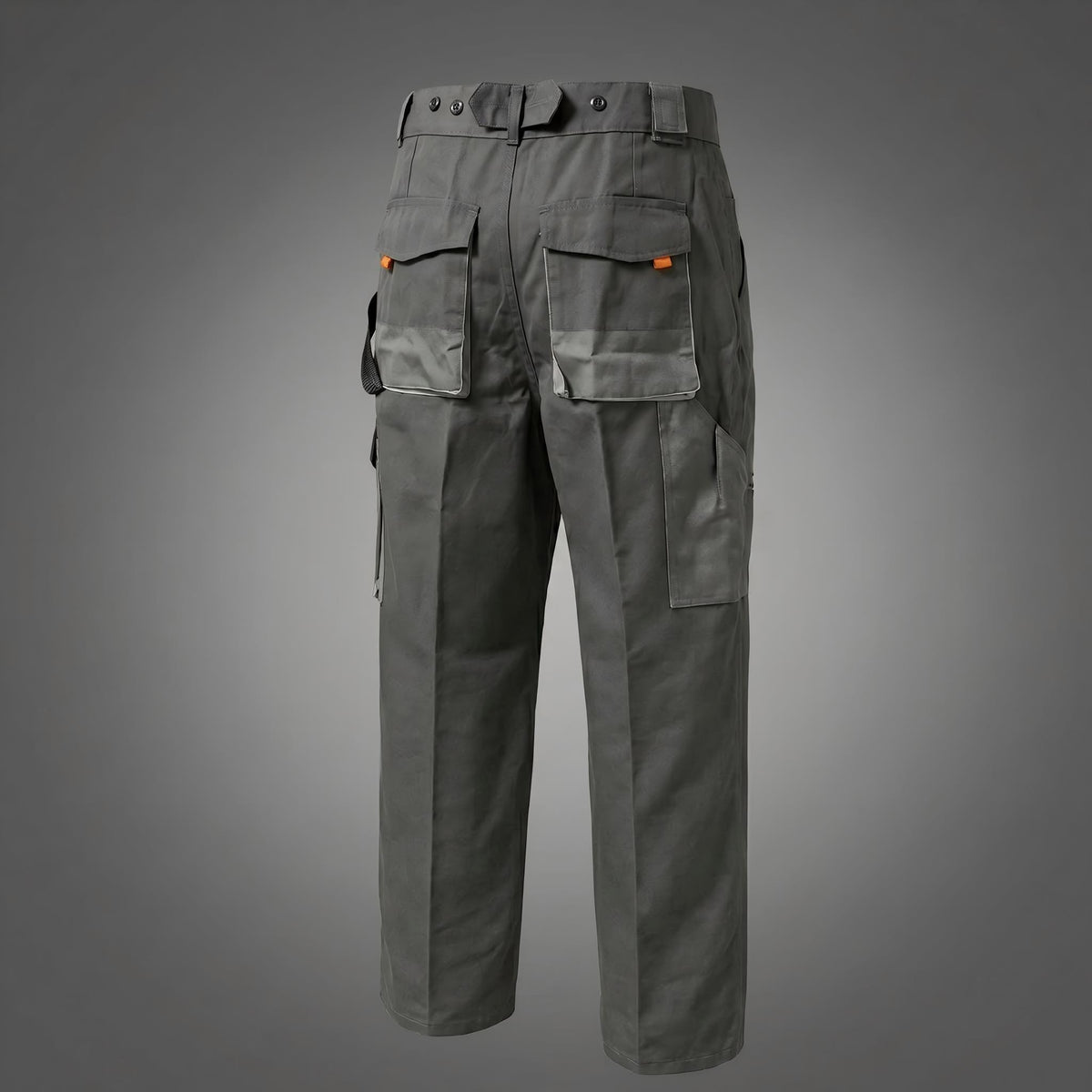 Rear view of gray work trousers with flap pockets.