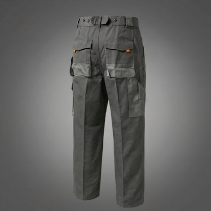 Rear view of gray work trousers with flap pockets.