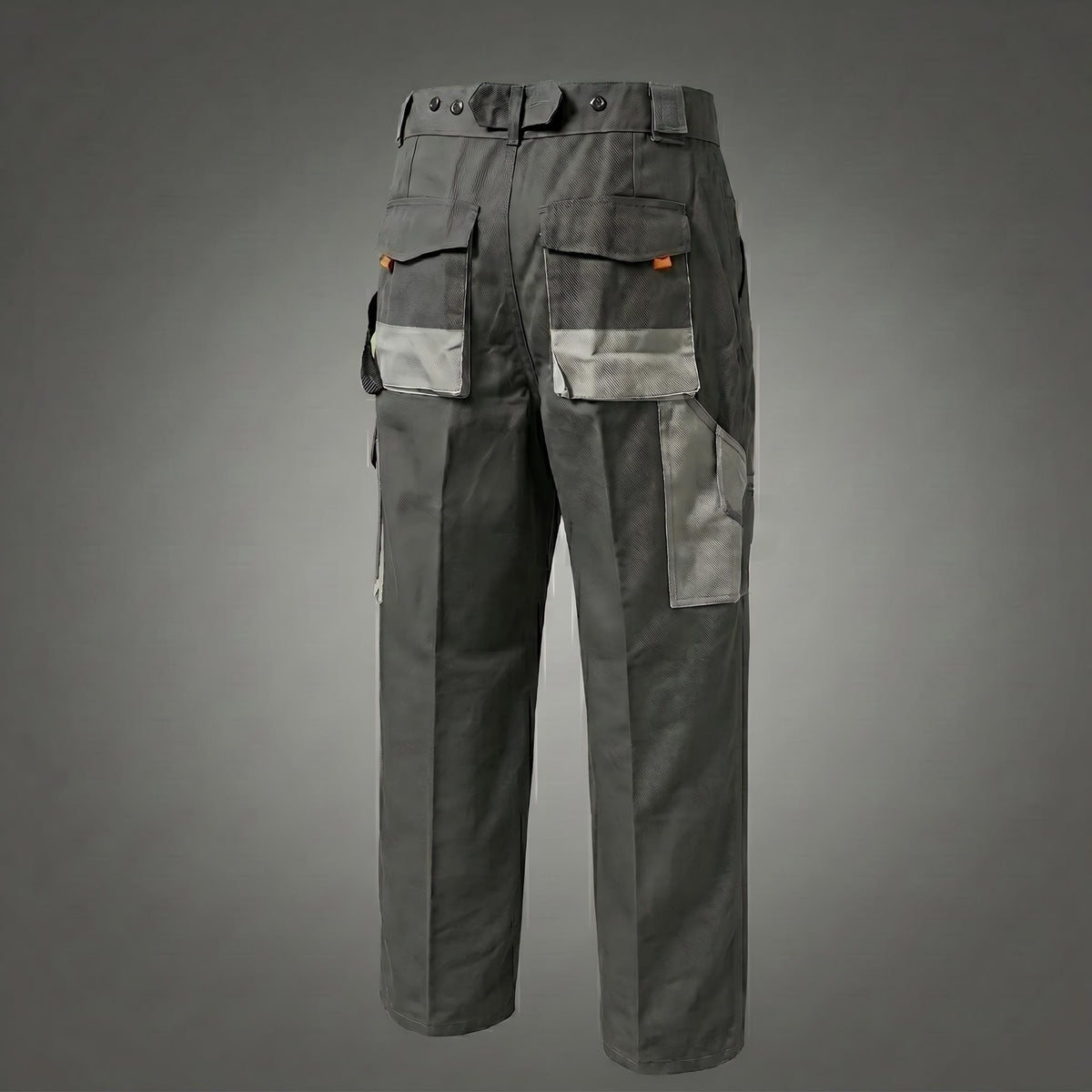 Gray multi-pocket work trousers, rear and side details.