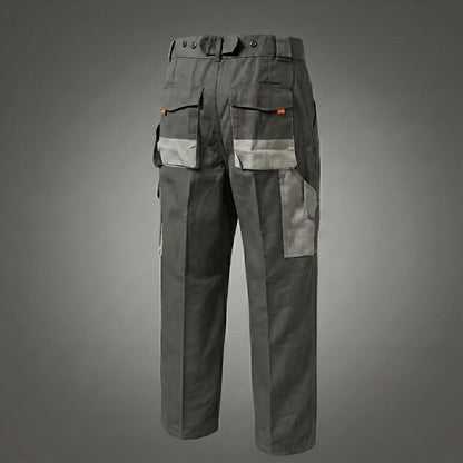 Gray multi-pocket work trousers, rear and side details.