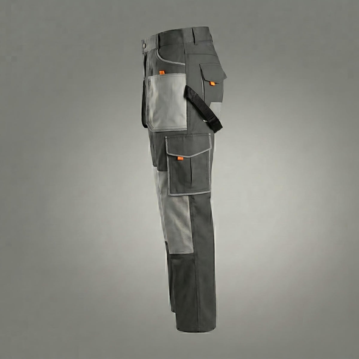 Two-tone gray utility pants with cargo pockets.